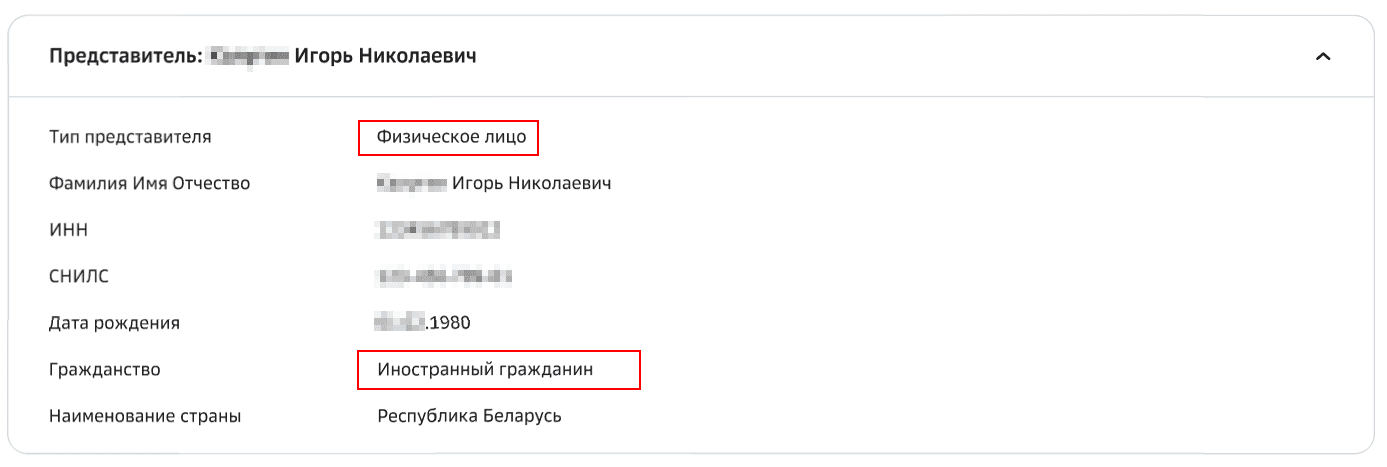 Представитель - Физическое лицо (иностранный гражданин)